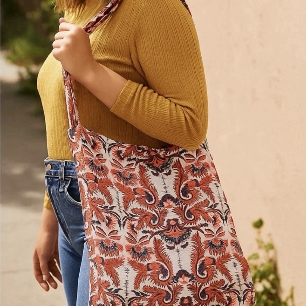 Free People Reusable Bag Lightweight Paisley Print Shopper Tote Orange Logo Boho